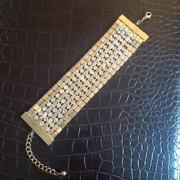 Avon Vintage Gold Tone Cuff Bracelet w/ 3 Lines of Rhinestones - Picture 7 of 9